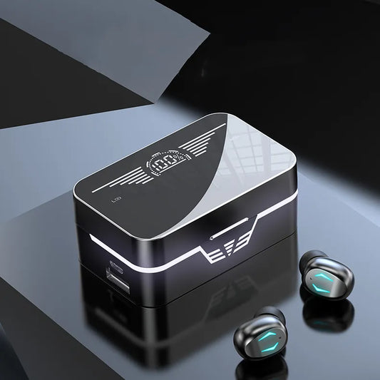 The image shows earbuds with a glowing light, indicating they are powered on and ready for use