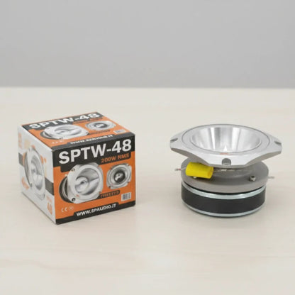 Speaker driver unit with packaging labeled SPTW-48 on a white background