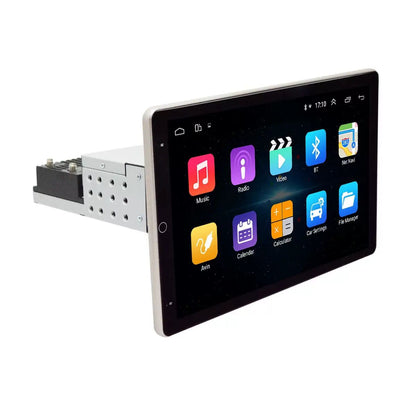 Car multimedia system with touchscreen display on a white background