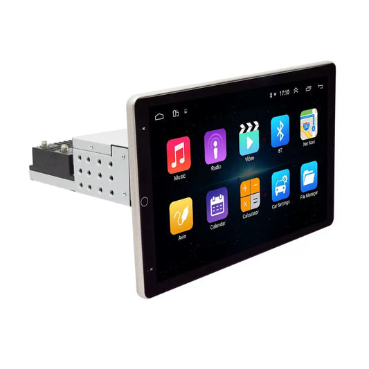 Car multimedia system with touchscreen display on a white background