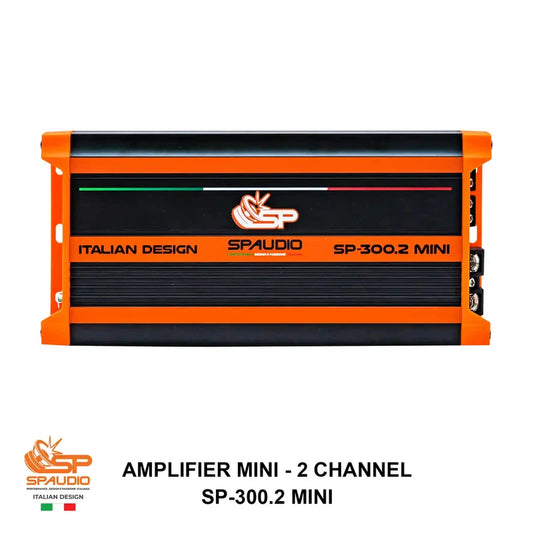 Spaudio SP-300.2 Mini amplifier in orange and black, shown from the front on a white background with product text below.