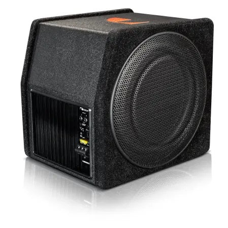 A black subwoofer speaker cabinet with a textured black grille, a large circular front speaker, and a control panel on the side, shown on a white background with a reflection.
