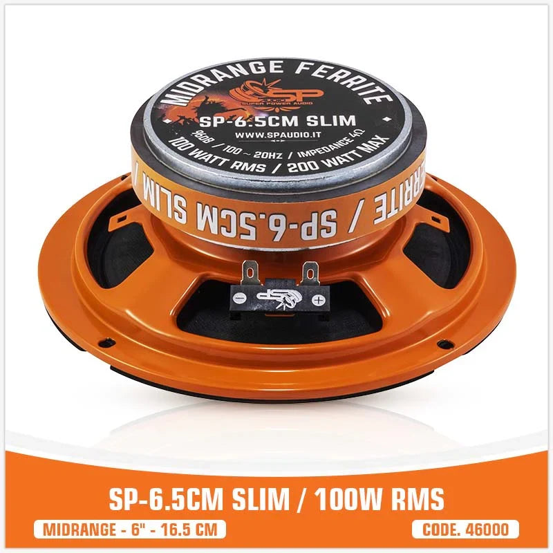 Orange speaker driver with branding on a white background