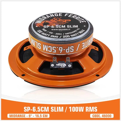 Orange speaker driver with branding on a white background