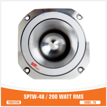 Speaker tweeter with metallic finish and 'SP Audio' branding on a white background