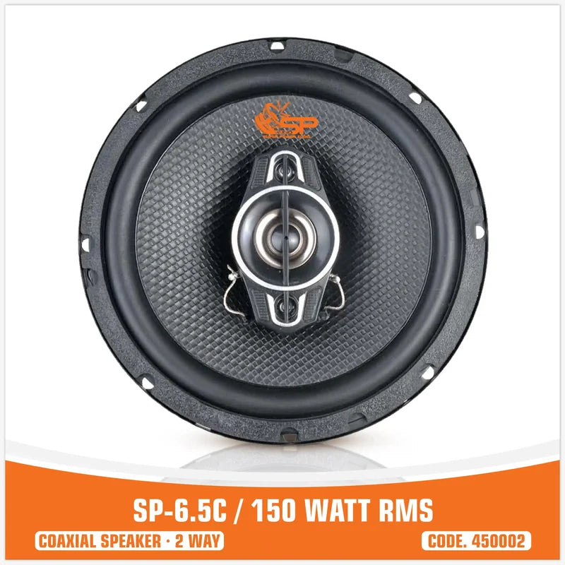 A 6.5-inch coaxial car speaker shown from the front against a white background, with an orange banner at the bottom containing product text.
