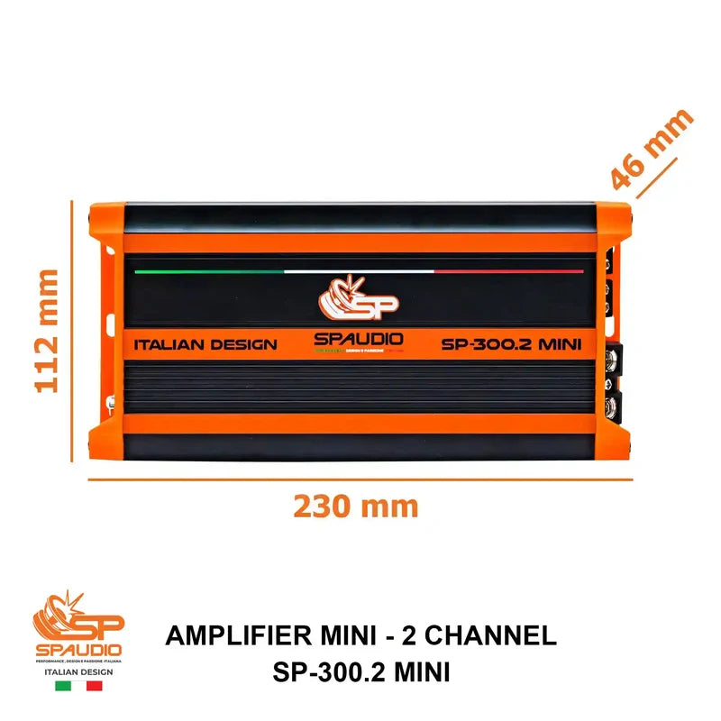 Spaudio SP-300.2 Mini amplifier shown in a front view with dimension annotations: 112 mm height, 230 mm width, and 46 mm depth, on a white background.