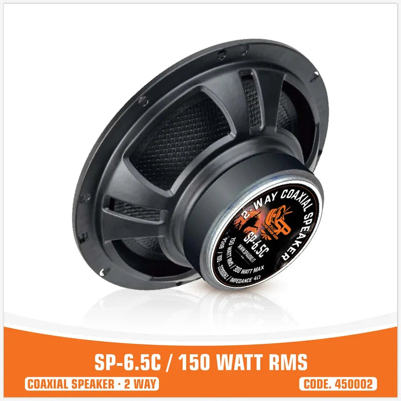 Coaxial speaker with branding and specifications on a white background