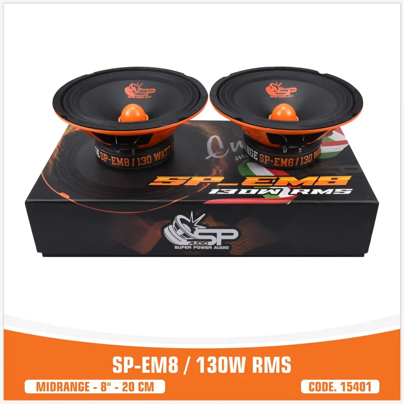Two SP-EM8 midrange speakers on their packaging with branding and specifications.