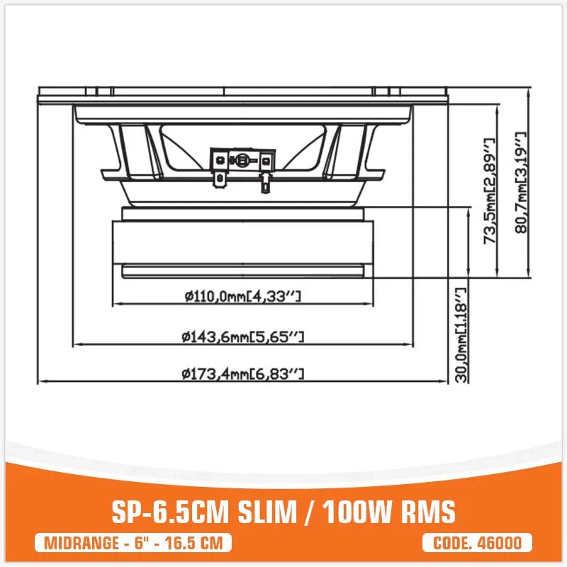 Technical drawing of a speaker with dimensions and specifications on a white background