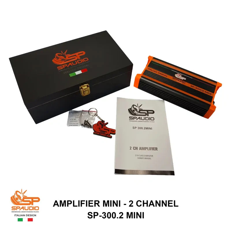SpAudio amplifier mini 2 channel SP-300.2 Mini with packaging and accessories on a white background