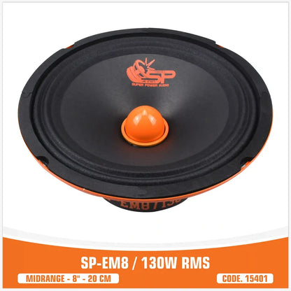 A 8-inch black and orange SP-EM8 midrange speaker shown from a top-down angle on a white background with an orange text banner at the bottom.