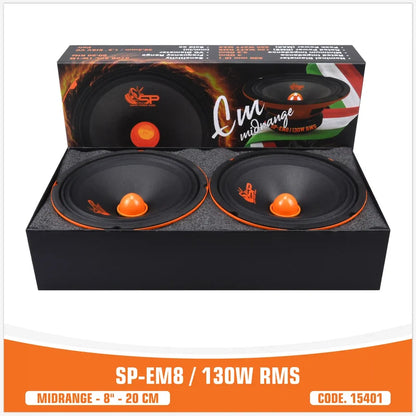 Two black car speakers with orange cones displayed in their open black packaging box, with the retail box behind them. An orange banner at the bottom reads SP-EM8 / 130W RMS.