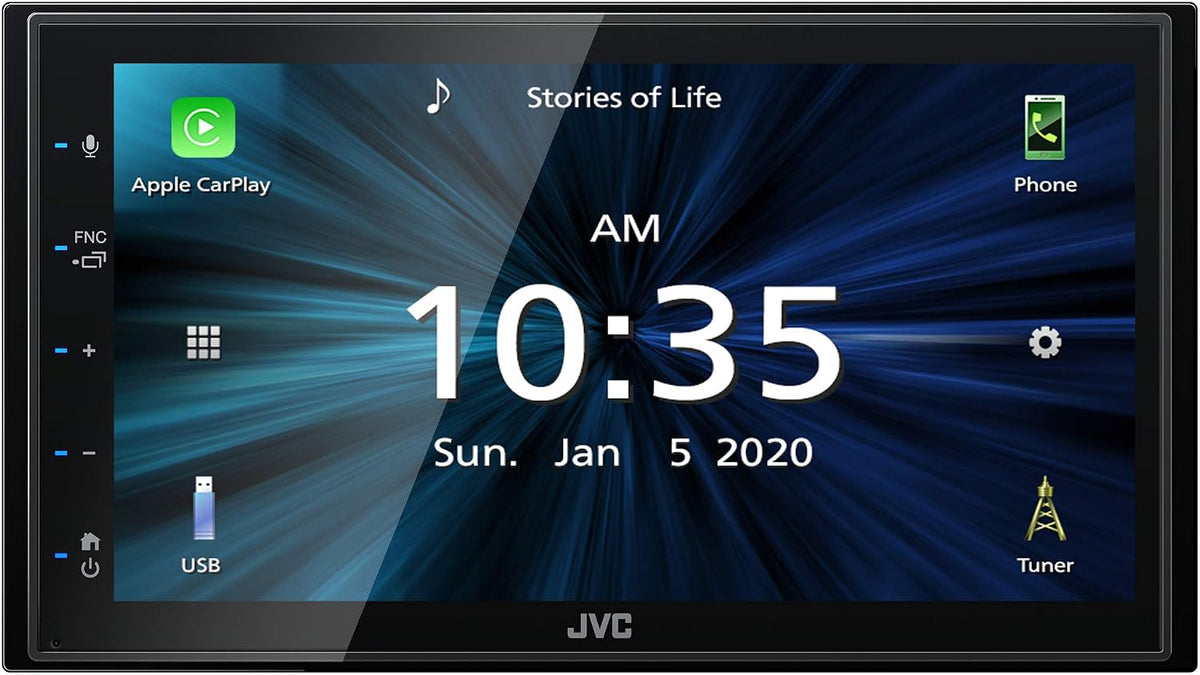 JVC car stereo touchscreen display with Apple CarPlay and phone app icons on the screen, showing a blue and black radial background with the time 10:35 AM.