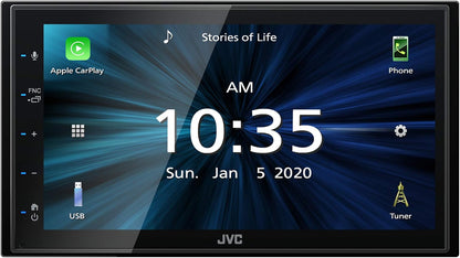JVC car stereo touchscreen display with Apple CarPlay and phone app icons on the screen, showing a blue and black radial background with the time 10:35 AM.