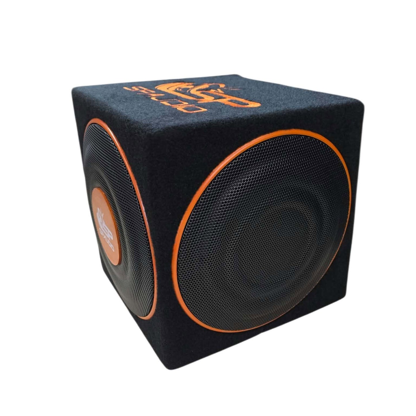 A black cube-shaped subwoofer enclosure with orange accents, featuring a large circular speaker grille on the front and a matching orange logo printed on the top surface.