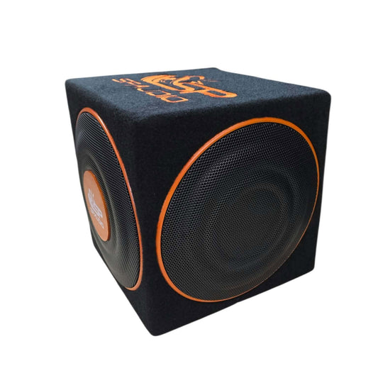 A black cube-shaped subwoofer enclosure with orange accents, featuring a large circular speaker grille on the front and a matching orange logo printed on the top surface.