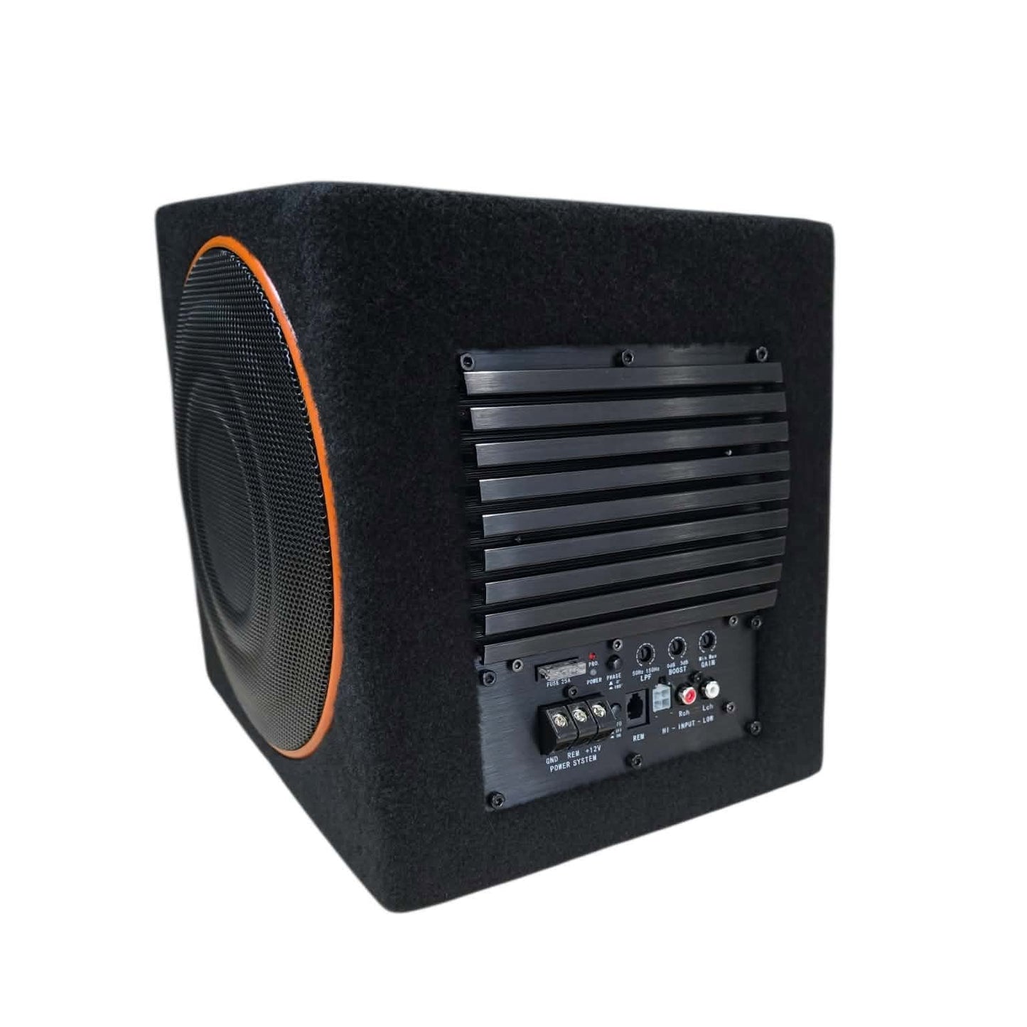 A black subwoofer speaker cabinet with a textured black fabric enclosure, a circular speaker grille with an orange accent ring, and a rear panel with ventilation slits and audio connectors, shown on a plain white background.