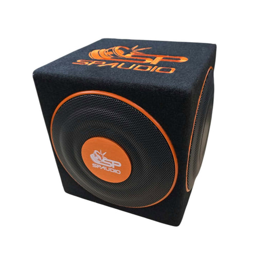 A black cube-shaped car subwoofer enclosure by SP Studio, featuring orange branding and a circular black speaker grille on a white background.