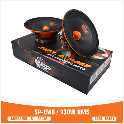 Pair of speakers on their packaging with branding and specifications displayed.