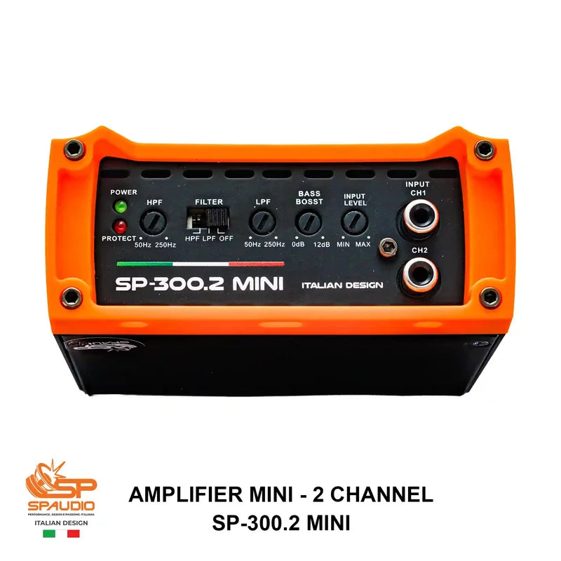 An SP-Spaudio SP-300.2 Mini 2-channel amplifier with a bright orange protective casing and a black front panel featuring various control knobs and input/output jacks.