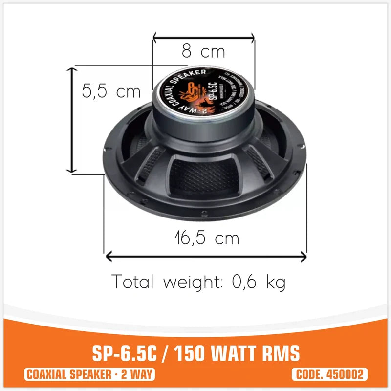 A black 8 cm x 16.5 cm coaxial speaker with overlaid dimension lines showing 5.