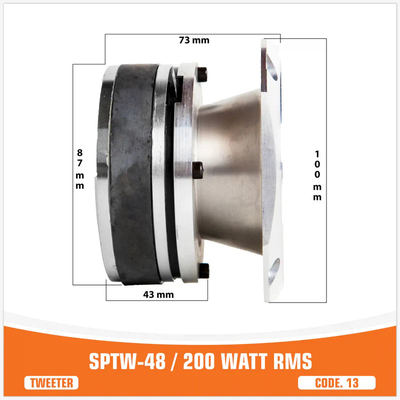 Technical product diagram of a tweeter speaker component with dimension labels (73 mm, 87 mm, 43 mm, 100 mm) and an orange banner reading SPTW-48 / 200 WATT RMS and CODE. 13.