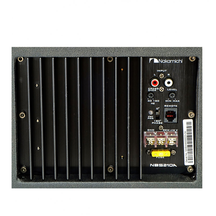 Nakamichi NSS210A 240W rear panel showing input jacks, remote control port, and terminal blocks on a black finned heatsink.