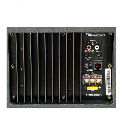 Nakamichi NSS210A 240W rear panel showing input jacks, remote control port, and terminal blocks on a black finned heatsink.