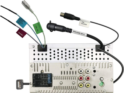 Audio amplifier with various cables and connectors on a white background