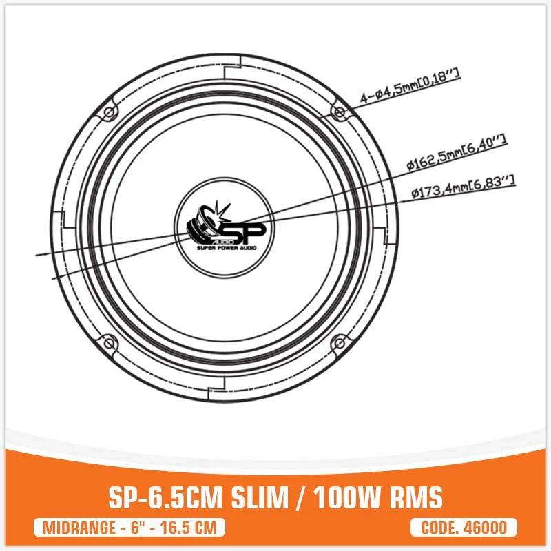 Technical line drawing of a circular car speaker with dimension callouts and an orange text banner at the bottom reading SP-6.5CM SLIM / 100W RMS.