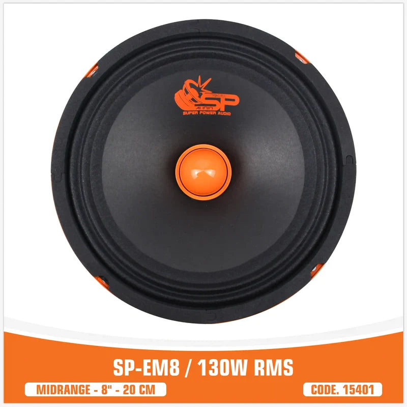 A 8-inch black speaker cone with a bright orange center and orange SP Super Power Audio logo, shown on a white background with an orange information banner at the bottom.