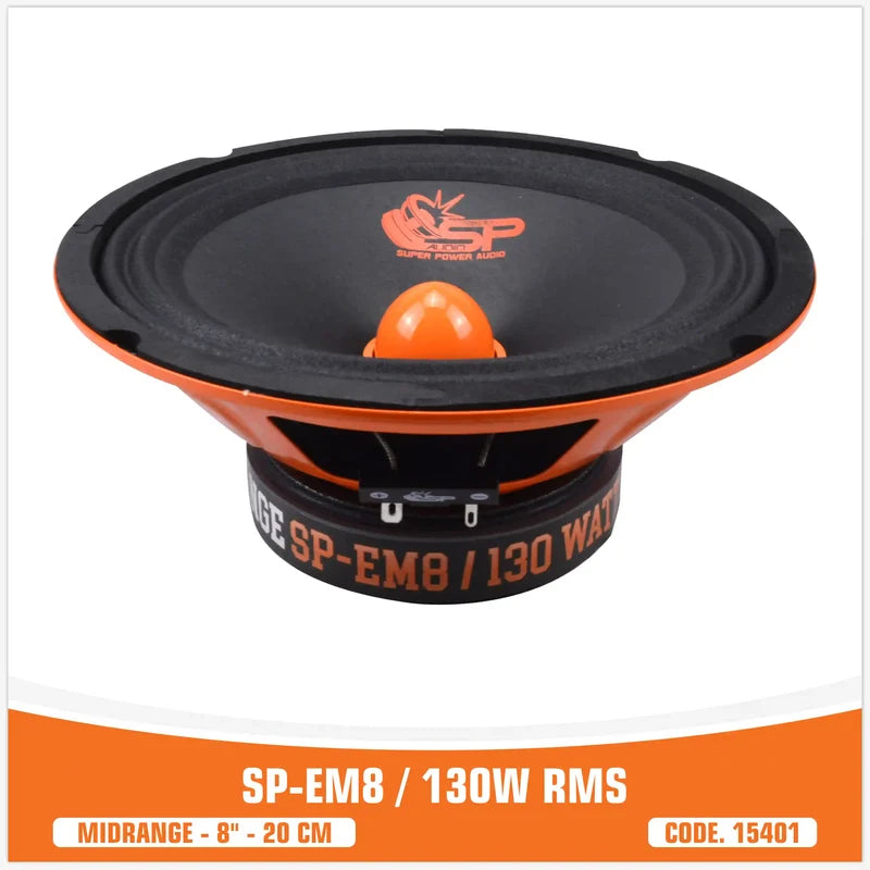 Speaker midrange driver with branding and specifications on a white background