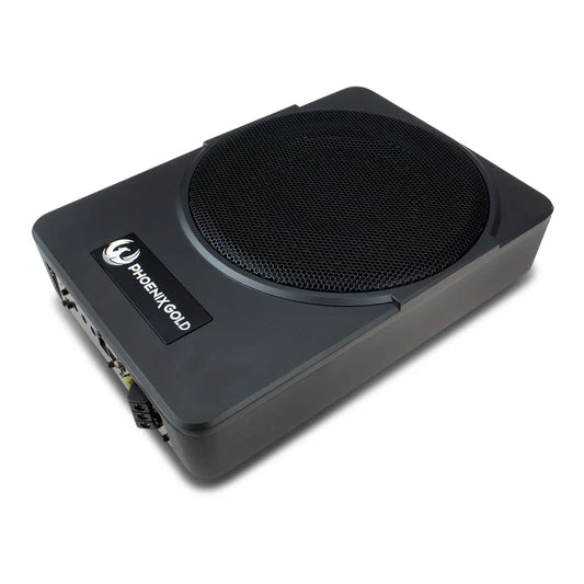 A black rectangular car audio speaker enclosure with a circular mesh grille on top and a visible 'Phonix Gold' brand badge on the side, shown on a plain white background.
