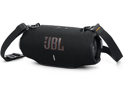 Black JBL portable speaker with a strap on a white background