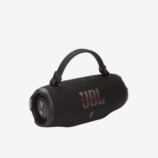 Black JBL portable speaker on a light gray background