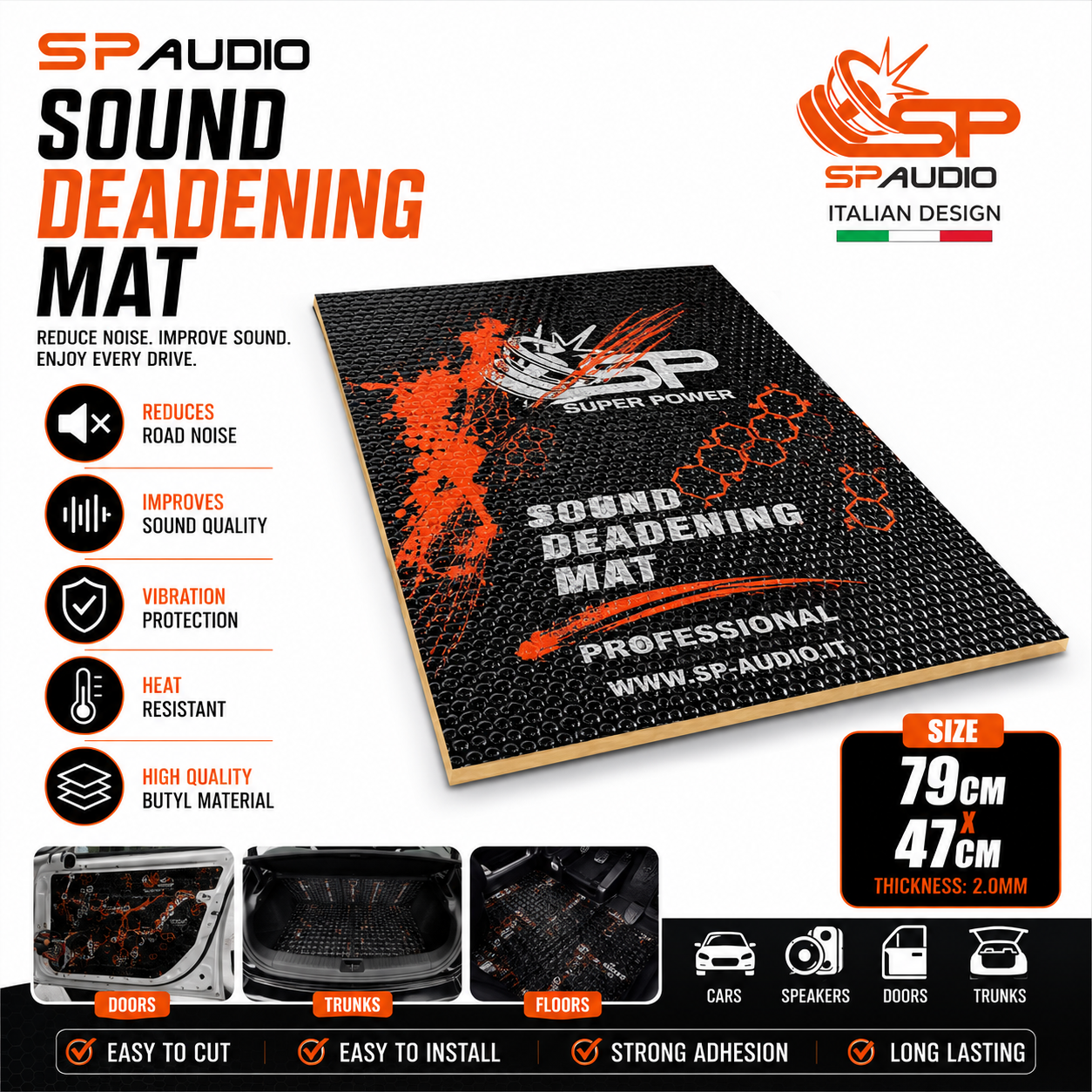 SP Audio Sound Deadening Mat in black textured material with orange and white branding, shown on a white background with product features, dimensions, and installation icons.