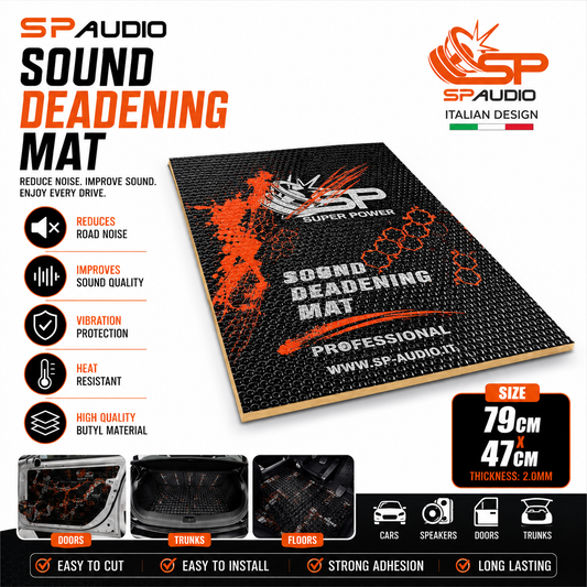 SP Audio Sound Deadening Mat in black textured material with orange and white branding, shown on a white background with product features, dimensions, and installation icons.