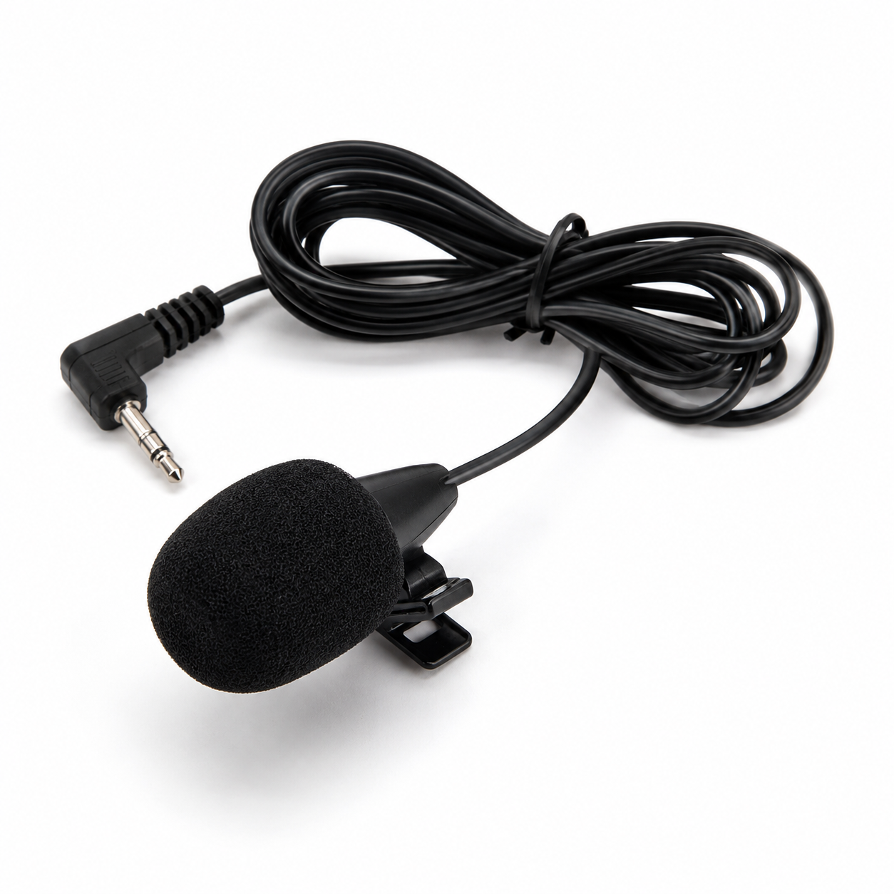 A black lapel microphone with a foam windscreen and a coiled cable, featuring a 3.5mm audio jack connector, shown on a white background.