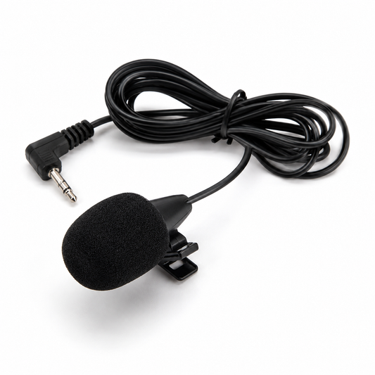 A black lapel microphone with a foam windscreen and a coiled cable, featuring a 3.5mm audio jack connector, shown on a white background.