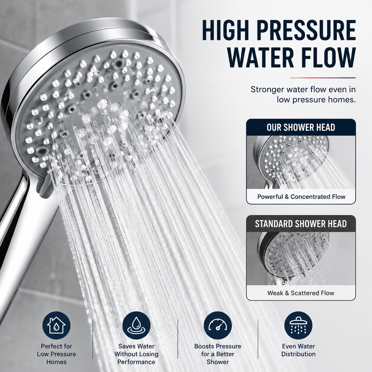 High Pressure Shower Head with 1.5m Stainless Steel Hose – 7 Spray Modes | Silver