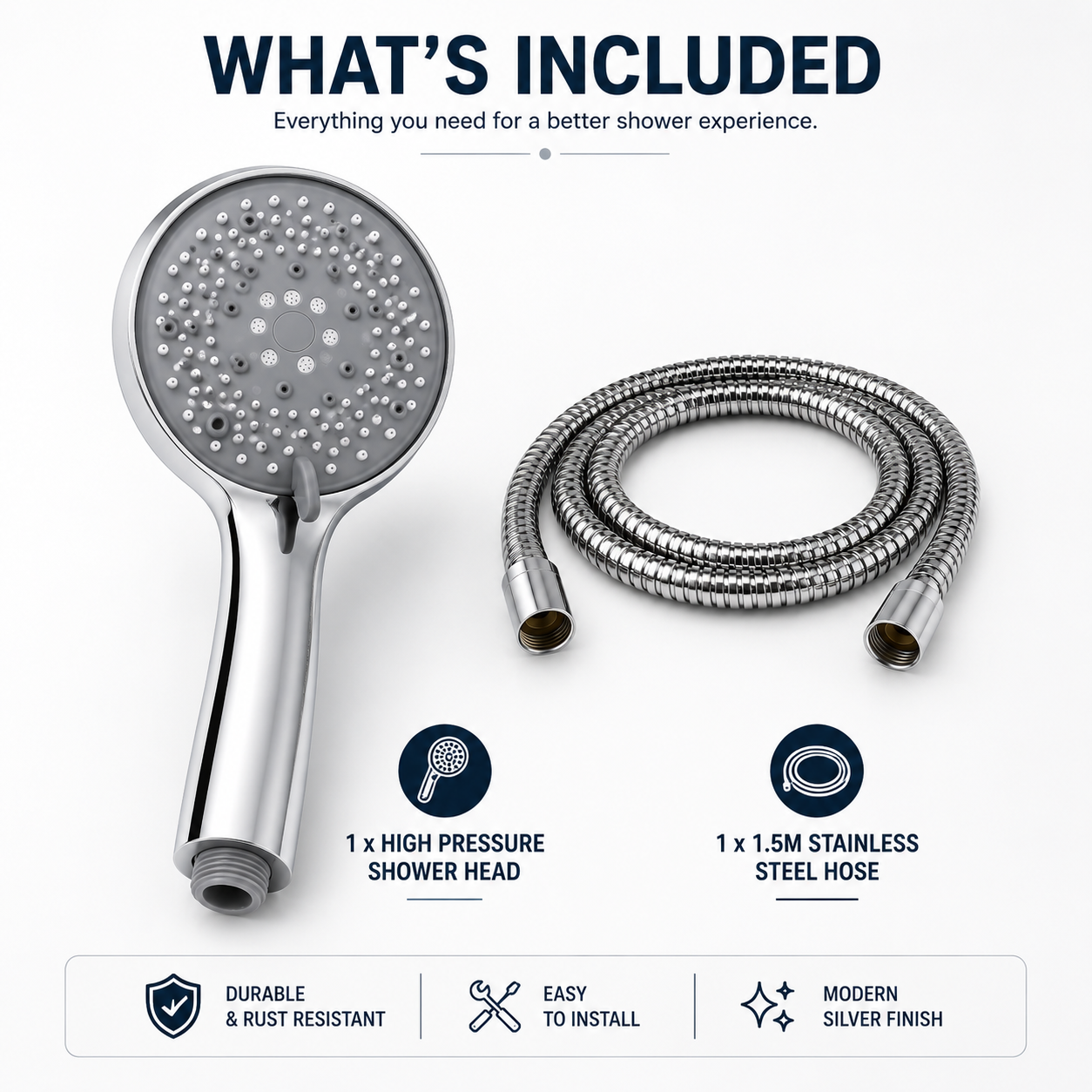 High Pressure Shower Head with 1.5m Stainless Steel Hose – 7 Spray Modes | Silver