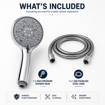 High Pressure Shower Head with 1.5m Stainless Steel Hose – 7 Spray Modes | Silver