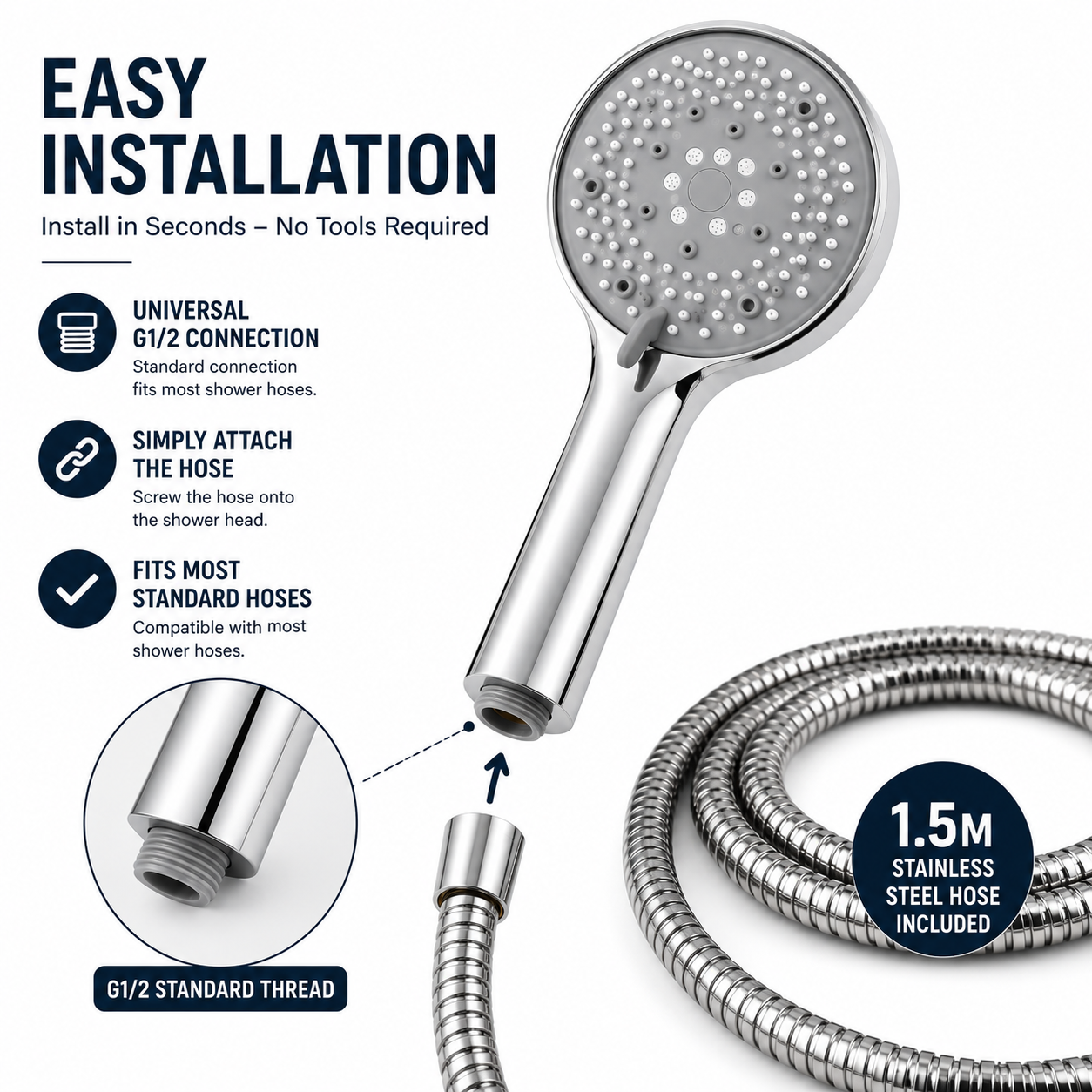 High Pressure Shower Head with 1.5m Stainless Steel Hose – 7 Spray Modes | Silver