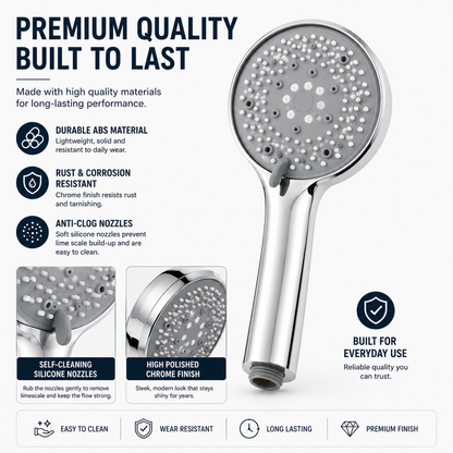 High Pressure Shower Head with 1.5m Stainless Steel Hose – 7 Spray Modes | Silver