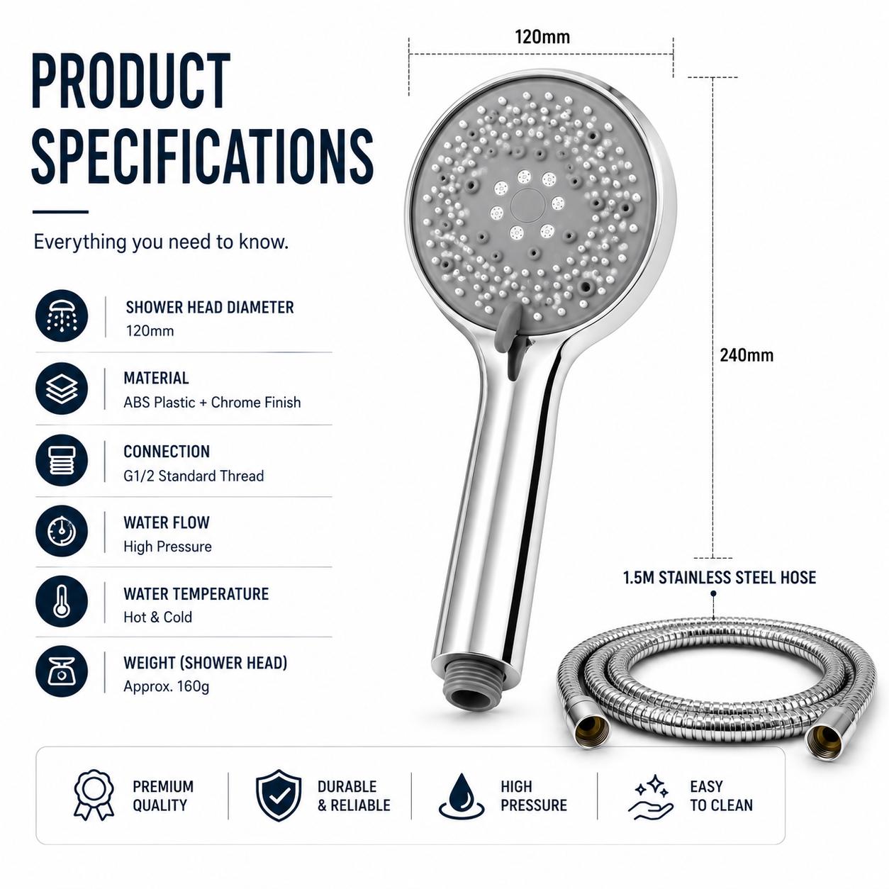 High Pressure Shower Head with 1.5m Stainless Steel Hose – 7 Spray Modes | Silver
