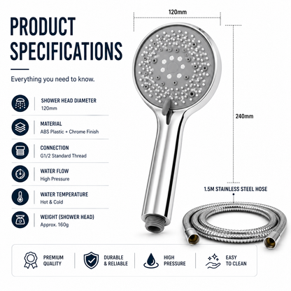 High Pressure Shower Head with 1.5m Stainless Steel Hose – 7 Spray Modes | Silver