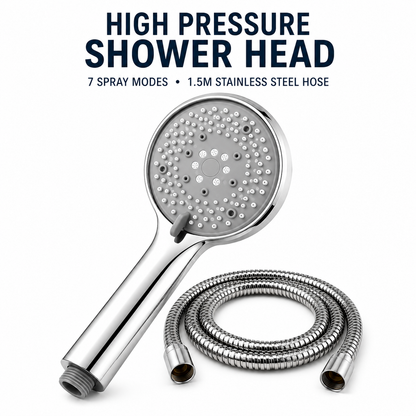 High Pressure Shower Head with 1.5m Stainless Steel Hose – 7 Spray Modes | Silver