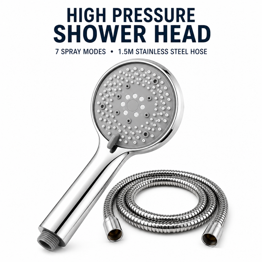High Pressure Shower Head with 1.5m Stainless Steel Hose – 7 Spray Modes | Silver