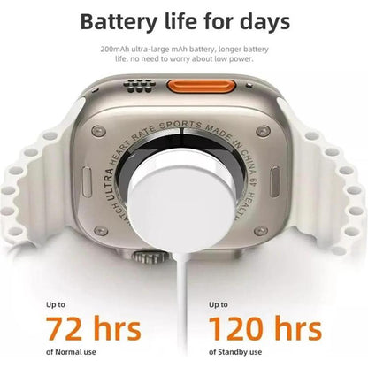 Smartwatch with battery life text on a white background